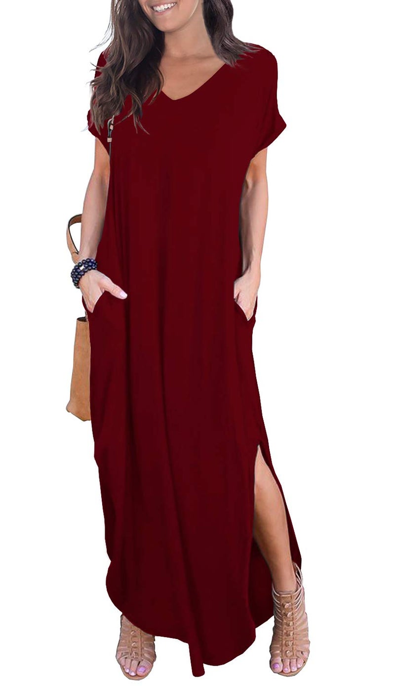 GRECERELLE Women's Maxi Dress Summer Casual Loose Side Split Short Sleeve V Neck Long Dresses with Pockets, Burgundy, Large - Image 1